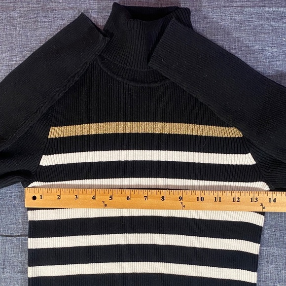 Lauren Ralph Lauren Striped Ribbed Turtleneck Sweater Black White Gold Size M - Picture 5 of 7